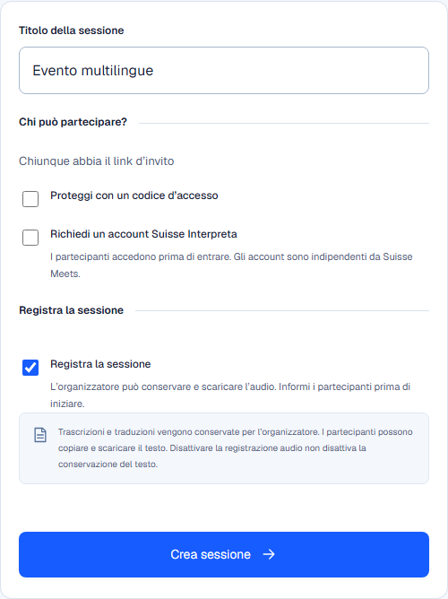 Modulo per creare una sessione